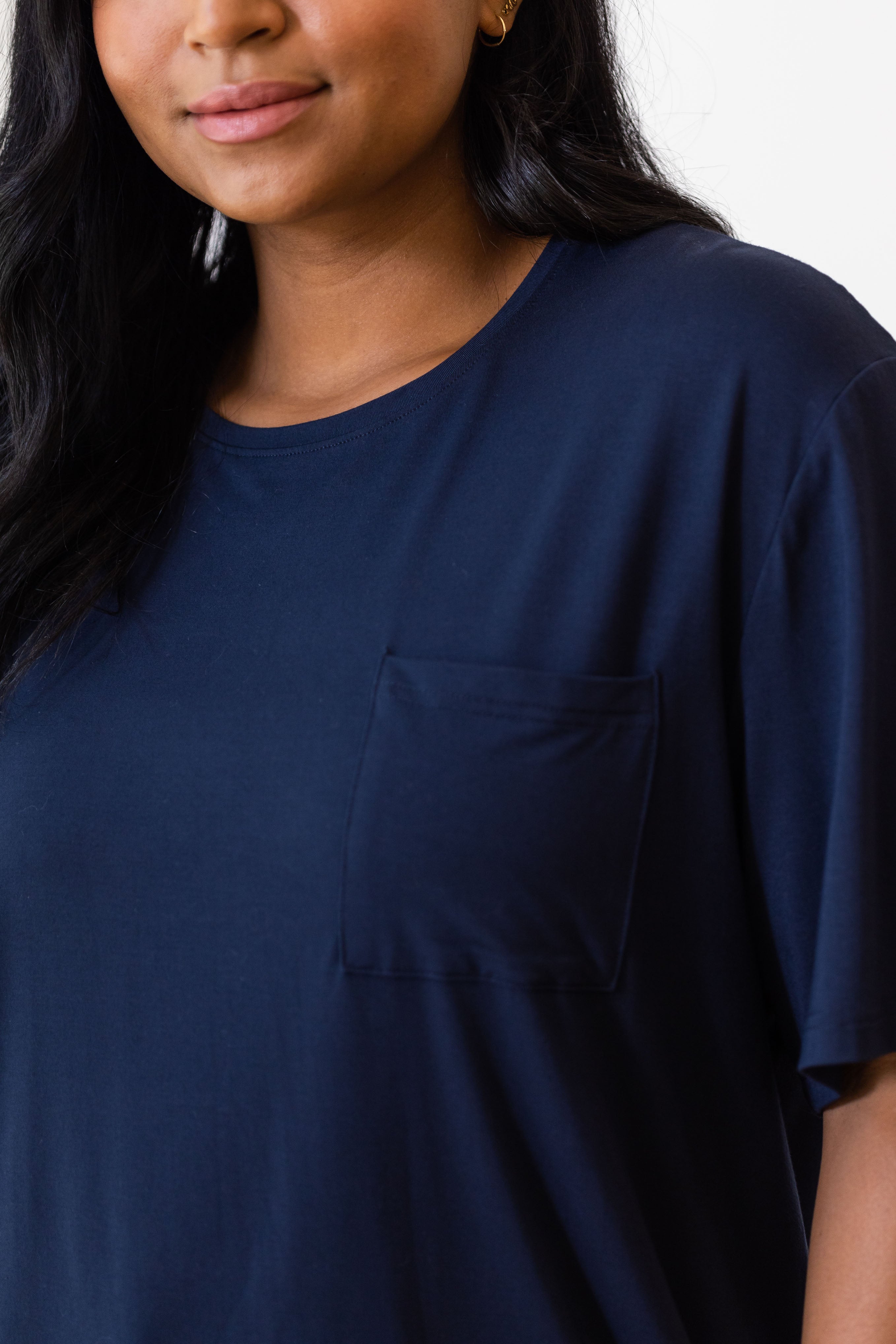 Woman wearing Cozy Earth Bamboo Lounge Tee in dark blue |Color:Navy