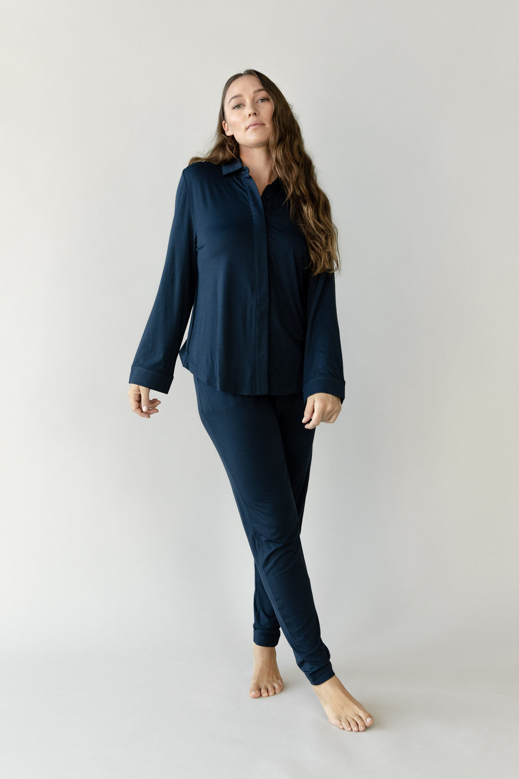 Women's Bamboo Stretch-Knit Collared Long Sleeve Button Down - Last Chance