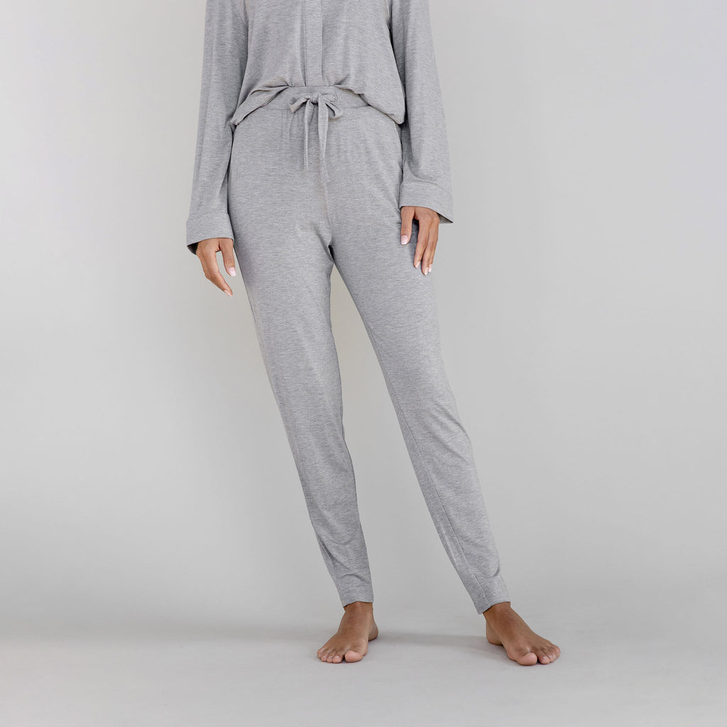 Gray pajama set worn by a person on a light gray background |Color:Heather Grey